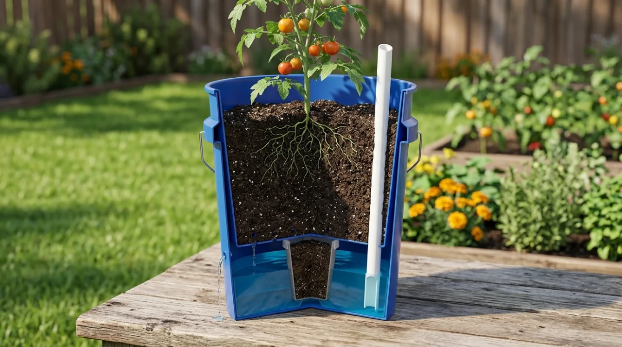 Cross-section of a self-watering bucket planter