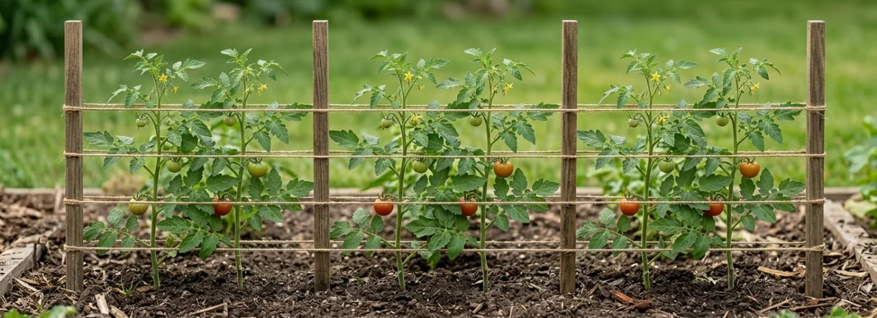 The Florida weave: tomatoes from the front, and the twine's path from above