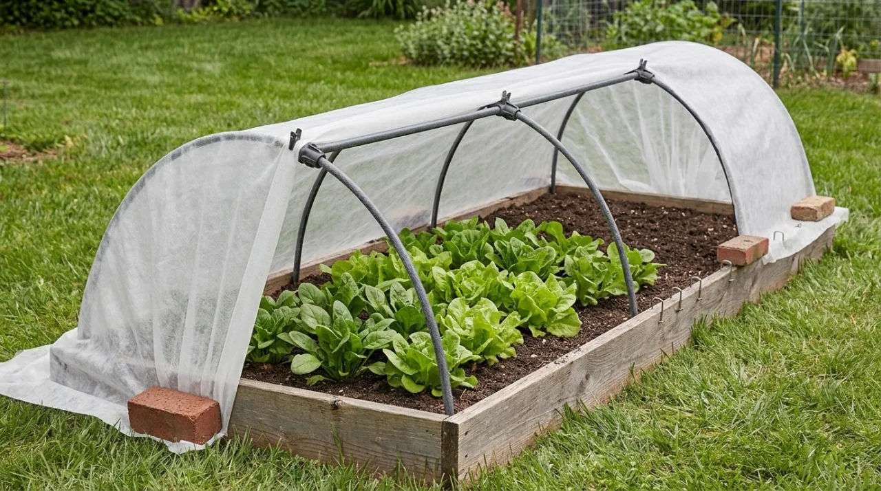 A low tunnel, with the row cover pulled back to show the hoops