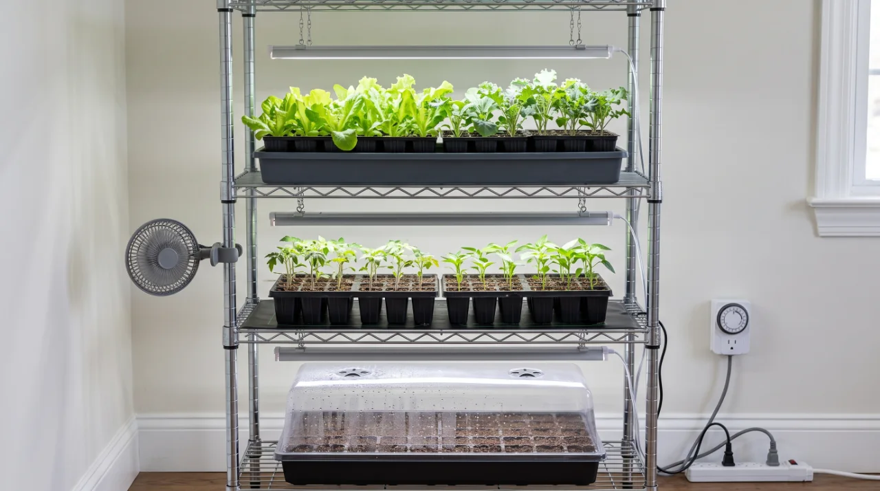 A seed-starting stand, seen from the front