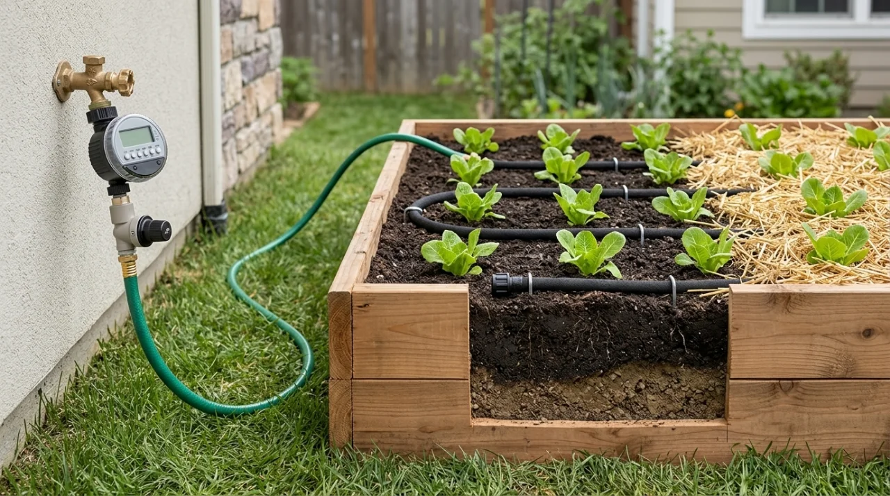 Soaker hoses on a timer: the faucet, the bed, and a slice through the soil
