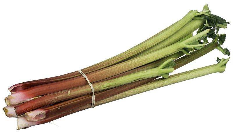 A bundle of red-green rhubarb stalks